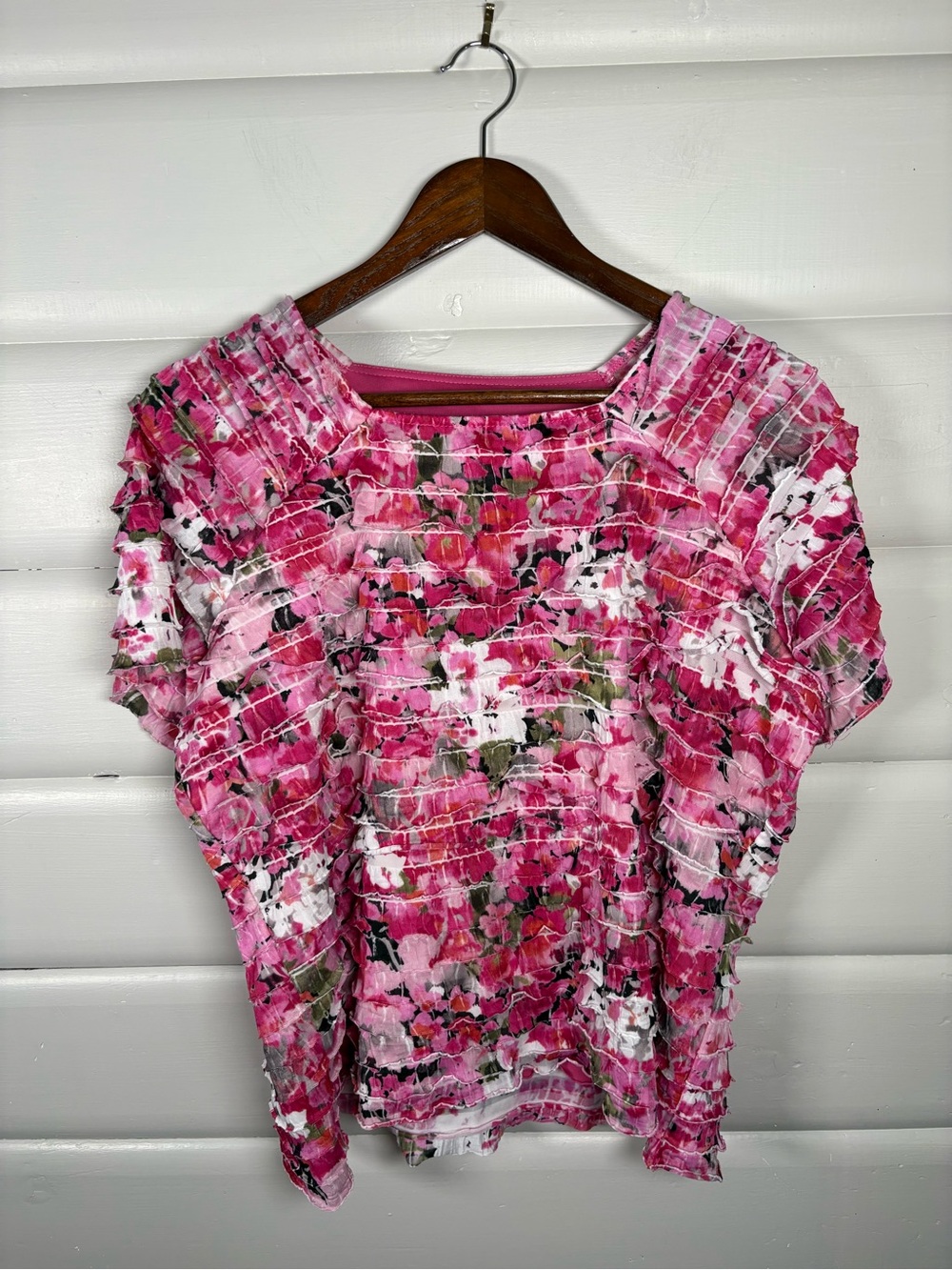 TanJay Petites PL Pink Floral Tiered Ruffle Textured Blouse